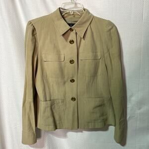 INC 12 tan puffed sleeve button down jacket silk linen euc pockets short style